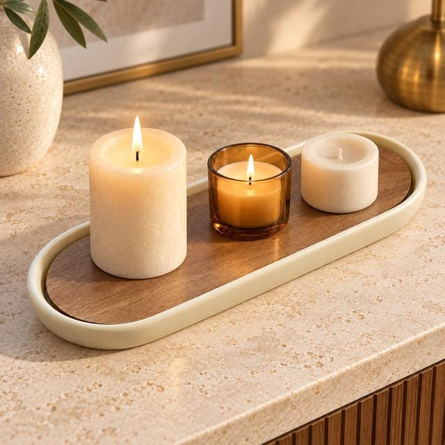 Acacia Wood Oval Tray | Cream Border, Japandi Home Decor (29x11cm)