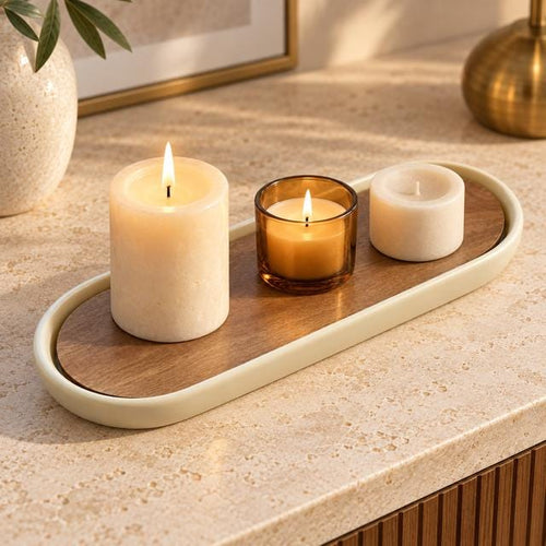 Acacia Wood Oval Tray | Cream Border, Japandi Home Decor (29x11cm)