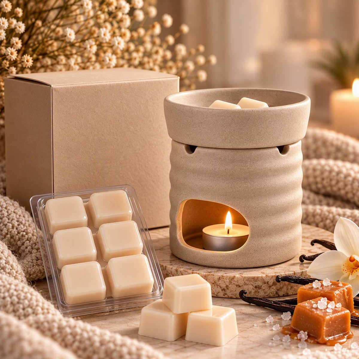 Luxury Salted Caramel Wax Melt Burner Gift Set featuring a ceramic burner and highly scented wax melts. Beautifully gift boxed and perfect for gifting.