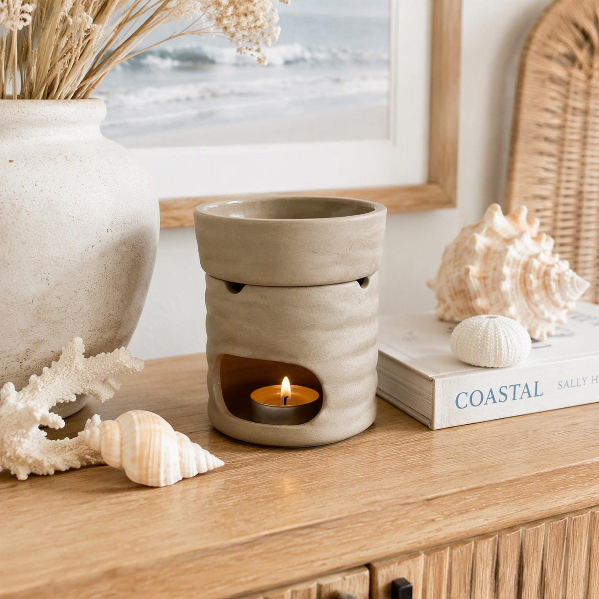 Modern Ceramic Wax Melt Burner | Stone Finish, Textured Design (Tealight Base)
