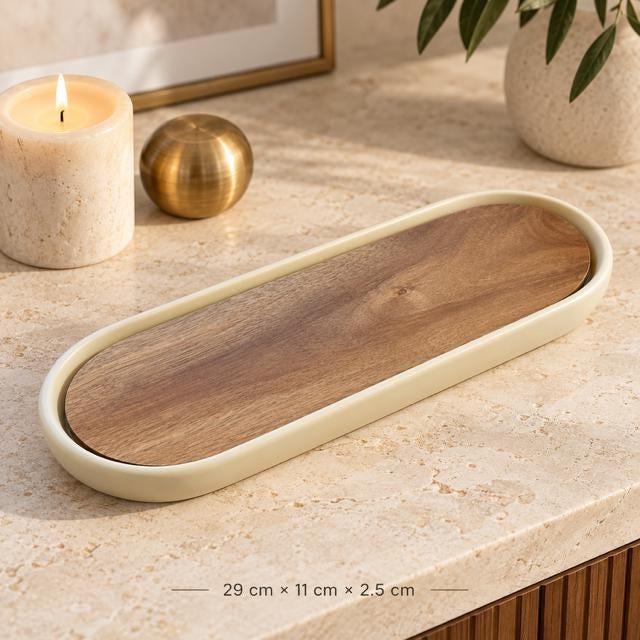 Acacia Wood Oval Tray | Cream Border, Japandi Home Decor (29x11cm)