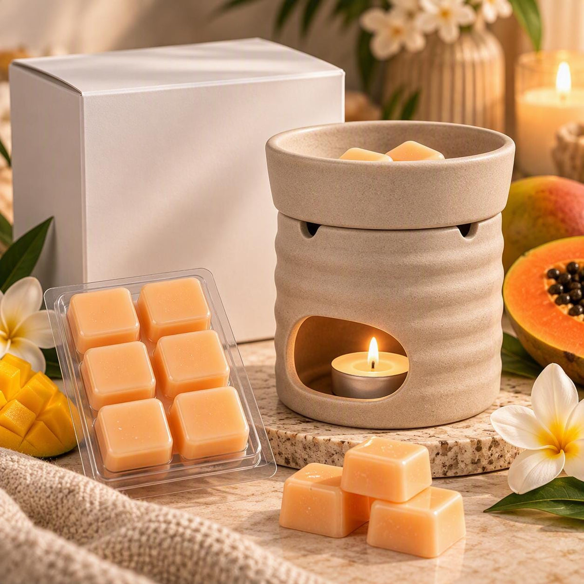 Ceramic Wax Melt Burner Set, Mango Papaya Scent, Gift Boxed Home Fragrance